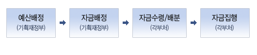 예산배정(기획재정부) →자금배정(기획재정부) →자금수령/배분(각부처) →자금집행(각부처)