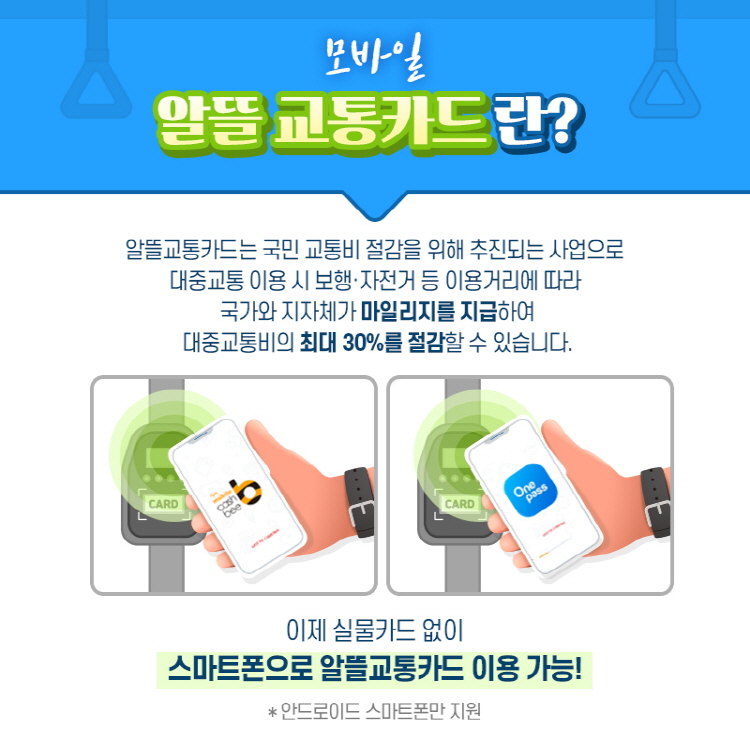 모바일 알뜰교통카드란? 알뜰교통카드는 국민 교통비 절감을 위해 추진되는 사업으로 대중교통 이용 시 보행․자전거 등 이용거리에 따라 국가와 지자체가 마일리지를 지급하여 대중교통비의 최대 30%를 절감할 수 있습니다. 이제 실물카드 없이 스마트폰으로 알뜰교통카드 이용 가능! * 안드로이드 스마트폰만 지원