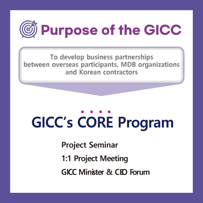 Purpose of the GICC

To develop business partnerships
between overseas participants, MDB organizations
and Korean contractors

GICC’s CORE Program
Project Seminar
1:1 Project Meeting
GICC Minister & CEO Forum