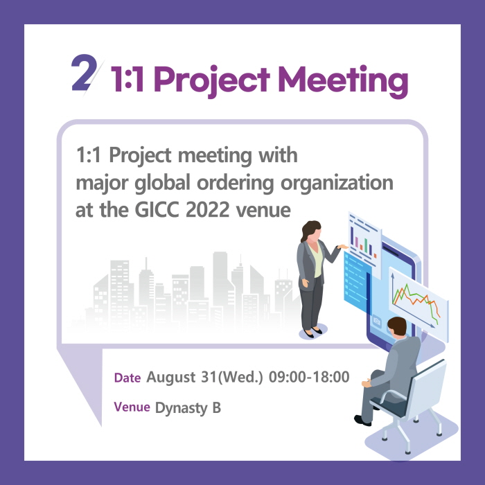 2. 1:1 Project Meeting

1:1 Project meeting with
major global ordering organization
at the GICC 2022 venue

Date Aug ust 31(W ed.) 09:00-18:00
Venu e Dynasty B