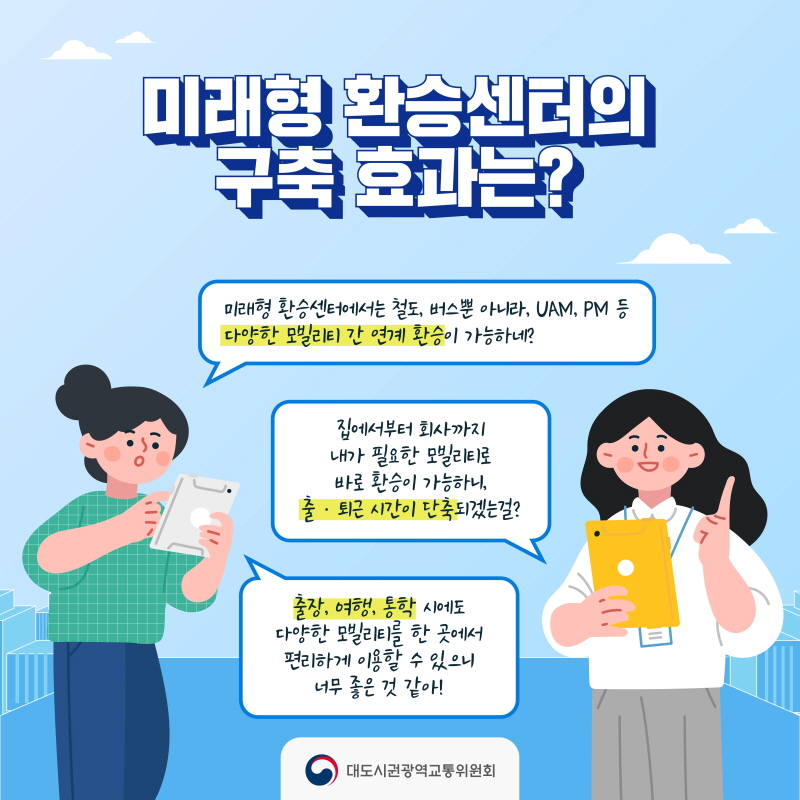 미래형 환승센터의 구축 효과는? 미래형 환승센터에서는 철도, 버스뿐 아니라 UAM, PM 등 다양한 모빌리티 간 연계 환승이 가능하네? 집에서부터 회사까지 내가 필요한 모빌리티로 바로 환승이 가능하니, 출•퇴근 시간이 단축되겠는걸? 출장, 여행, 통학 시에도 다양한 모빌리티를 한 곳에서 편리하게 이용할 수 있으니 너무 좋은것 같아!