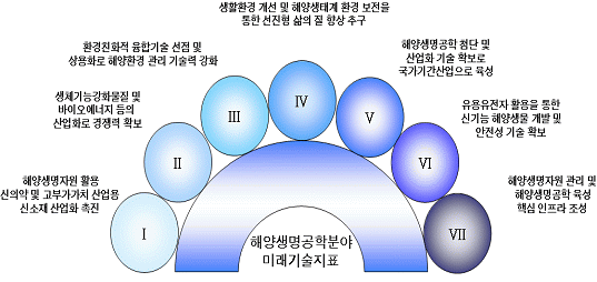 Ⅰ. 행양생명자원 활용 신의약 및 고부가가치 산업용 신소재 산업화 촉진
Ⅱ. 생체기능 강화물질 및 바이오 에너지등의 산업화로 경쟁력 확보
Ⅲ. 환경친화적 융합기술 선점 및 상용화로 해양환경 관리 기술력 강화
Ⅳ. 생활환경 개선 및 해양생태계 환경 보전을 통한 선진형 삶의 질 향상 추구
Ⅴ. 해양생명공학 첨단 및 산업화 기술 확보로 국가기간산업으로 육성
Ⅵ. 유용 유전자 활용을 통한 신기능 해양생물 개발 및 안전성 기술 확보
Ⅶ. 해양생명자원 관리 및 해양생명공학 육성 핵심 인프라 조성