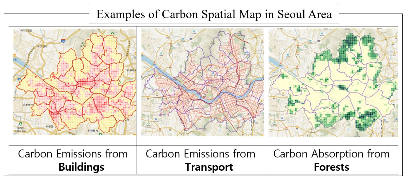 Examples of Carbon Spatial Map in Seoul Area
Carbon Emissions from Buildings
Carbon Emissions from Transport
Carbon Absorption from Forests