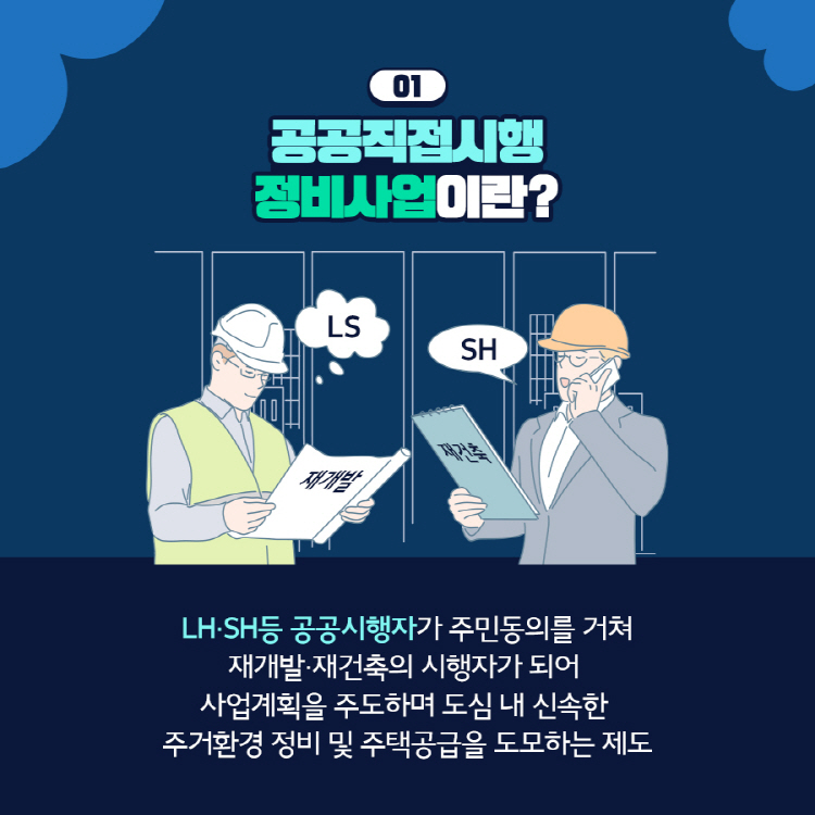 01 공공직접시행 정비사업이란? LH·SH등 공공시행자가 주민동의를 거쳐 재개발·재건축의 시행자가 되어 사업계획을 주도하며 도심 내 신속한 주거환경 정비 및 주택공급을 도모하는 제도