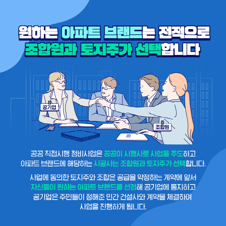 원하는 아파트 브랜드는 전적으로 조합원과 토지주가 선택합니다 공공 직접시행 정비사업은 공공이 시행사로 사업을 주도하고 아파트 브랜드에 해당하는 시공사는 조합원과 토지주가 선택합니다. 사업에 동의한 토지주와 조합은 공급을 약정하는 계약에 앞서 자신들이 원하는 아파트 브랜드를 선정해 공기업에 통지하고 공기업은 주민들이 정해준 민간 건설사와 계약을 체결하여 사업을 진행하게 됩니다.