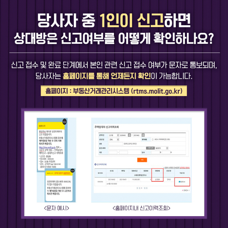 당사자 중 1인이 신고하면 상대방은 신고여부를 어떻게 확인하나요? 신고 접수 및 완료 단계에서 본인 관련 신고 접수 여부가 문자로 통보되며, 당사자는 홈페이지를 통해 언제든지 확인이 가능합니다. 홈페이지 : 부동산거래관리시스템 (rtms.molit.go.kr)
