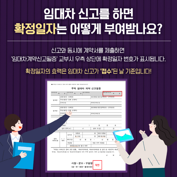 임대차 신고를 하면 확정일자는 어떻게 부여받나요? 신고와 동시에 계약서를 제출하면 임대차계약신고필증 교부시 우측 상단에 확정일자 번호가 표시됩니다. 확정일자의 효력은 임대차 신고가 '접수'된 날 기준입니다!