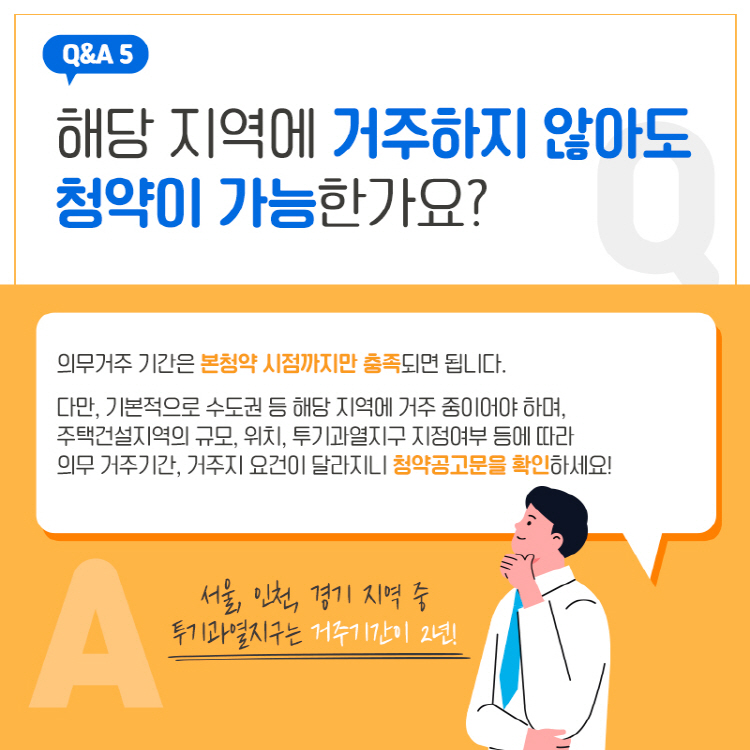 Q&A 5 해당 지역에 거주하지 않아도 청약이 가능한가요? 의무거주 기간은 본 청약 시점까지만 충족되면 됩니다. 다만, 기본적으로 수도권 등 해당 지역에 거주 중이어야 하며, 주택건설지역의 규모, 위치, 투기과열지구 지정여부 등에 따라 의무 거주기간, 거주지 요건이 달라지니 청약공고문을 확인하세요! 서울, 인천, 경기 지역 중 투기과열지구는 거주기간이 2년!