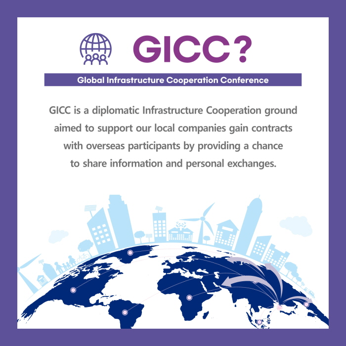 GICC?
Global Infrastructure Cooperation Conference
GICC is a diplomatic Infrastructure Cooperation ground
aimed to support our local companies gain contracts
with overseas participants by providing a chance
to share information and personal exchanges.