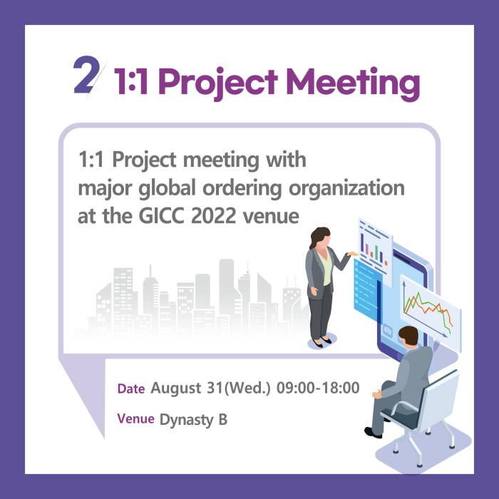 2. 1:1 Project Meeting

1:1 Project meeting with
major global ordering organization
at the GICC 2022 venue

Date Aug ust 31(W ed.) 09:00-18:00
Venu e Dynasty B