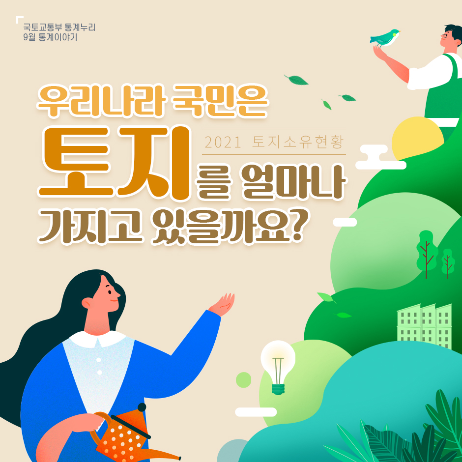 #1. 국토교통부 통계누리
9월 통계이야기
2021 토지소유현황
우리나라 국민은
땅을 얼마나 가지고 있을까요?