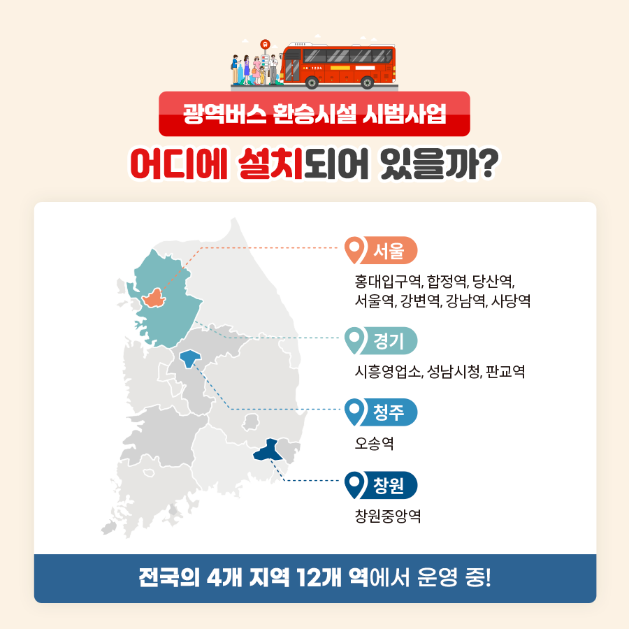 (광역버스 환승시설 시범사업) 어디에 설치되어 있을까?

1. 서울 - 홍대입구역, 합정역, 당산역, 서울역, 강변역, 강남역, 사당역

2. 경기 - 시흥영업소, 성남시청, 판교역

3. 청주 - 오송역

4. 창원 - 창원중앙역

전국의 4개 지역 12개 역에서 운영 중!