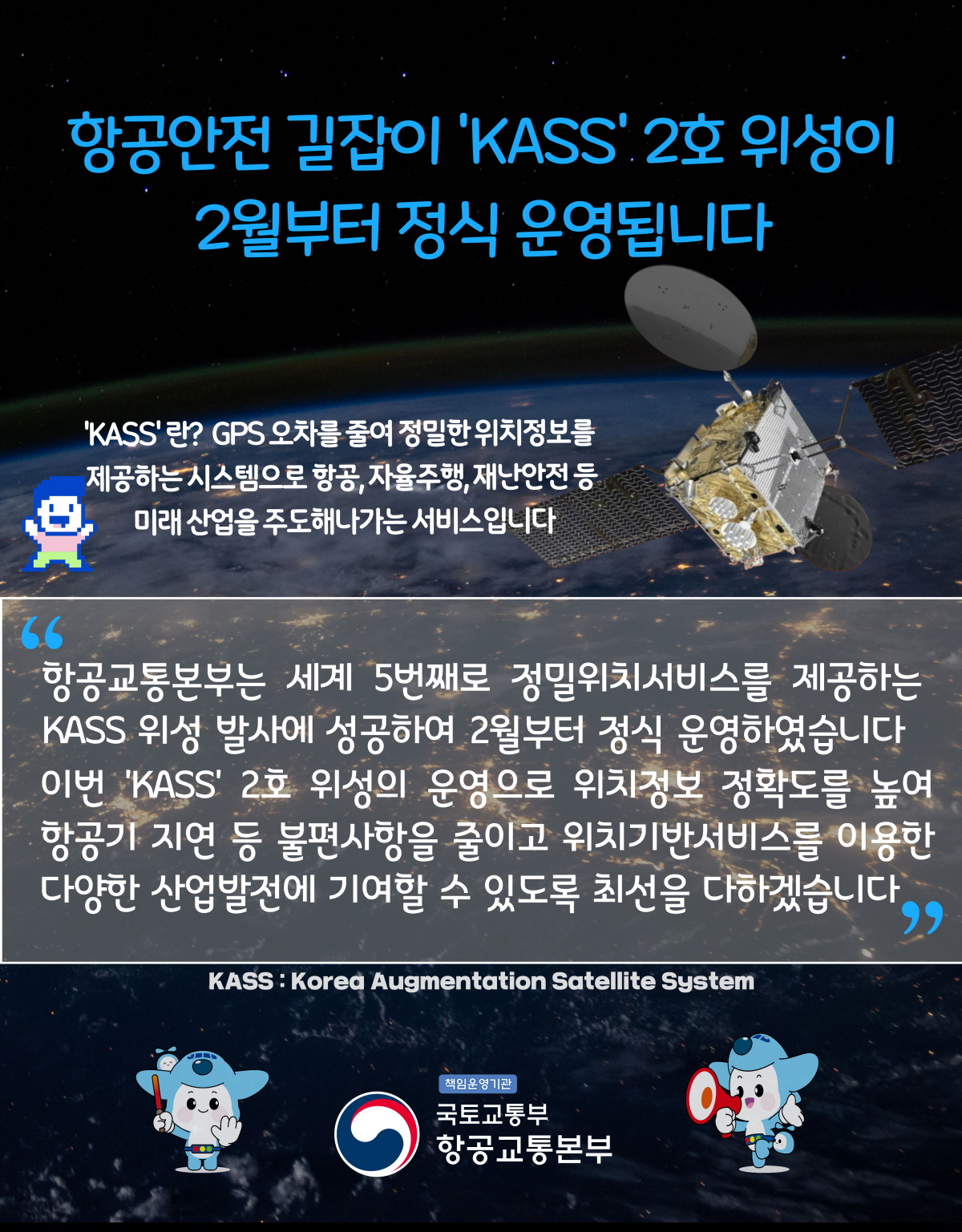 항공안전 길잡이 'KASS' 2호 위성이
2월부터 정식 운영됩니다

'KASS'란? GPS 오차를 줄여 정밀한 위치정보를
제공하는 시스템으로 항공, 자율주행, 재난안전 등
미래 산업을 주도해나가는 서비스입니다

항공교통본부는 세계 5번째로 정밀위치서비스를 제공하는
KASS 위성 발사에 성공하여 2월부터 정식 운영하였습니다
이번 'KASS' 2호 위성의 운영으로 위치정보 정확도를 높여
항공기 지연 등 불편사항을 줄이고 위치기반서비스를 이용한
다양한 산업발전에 기여할 수 있도록 최선을 다하겠습니다

KASS : Korea Augmentation Satellite System

책임운영기관
국토교통부
항공교통본부