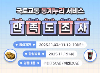 국토교통 통계누리 서비스
만족도조사
참여기간 2025.11.03 ~ 11.12.(10일간)
당첨발표 2025.11.19(수)
경품내용 커피(150명)/치킨(20명)